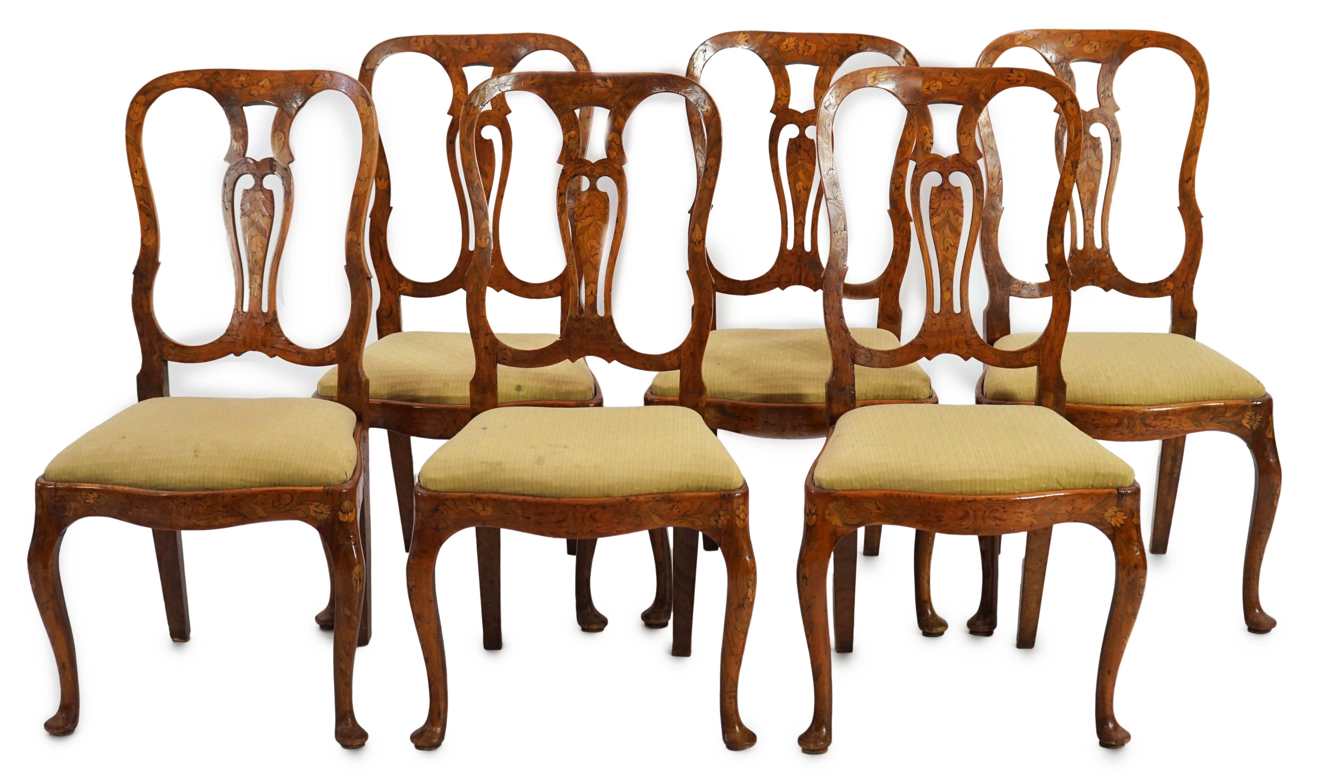 A set of six 18th century Dutch walnut and marquetry dining chairs